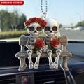 Skull Couple Roses Flower - Personalized Acrylic Car Hanger, Couples Gift, Custom Skull Ornament, Gothic Anniversary, Skeleton Decor