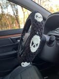White Skull Steering Wheel Cover,Car Steering Wheel Cover,Crochet Wheel Cover For Women,Cute Steering Wheel cover,Black Seat Belt cover